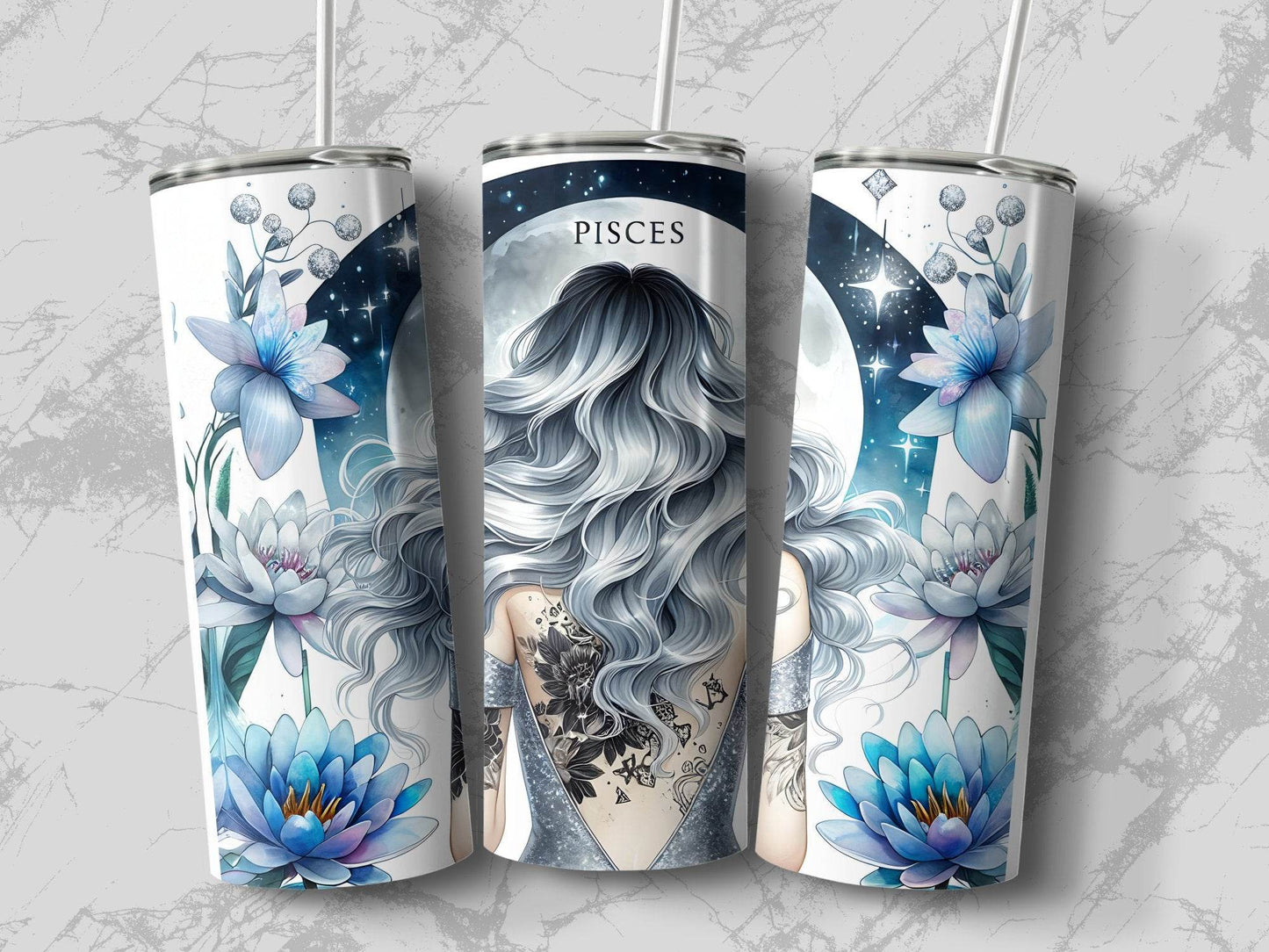 Pisces Zodiac Sign Woman with Floral Tattoo Design Tumbler - Design & Vybe