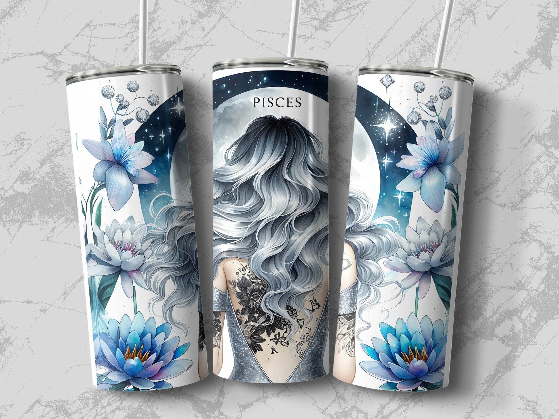 Pisces Zodiac Sign Woman with Floral Tattoo Design Tumbler - Design & Vybe