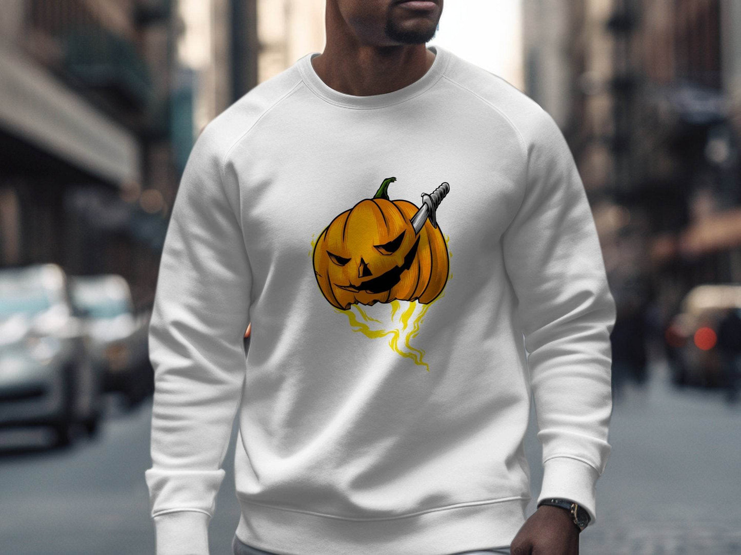Halloween Pumpkin With Knife Illustration Design Sweater - Design & Vybe