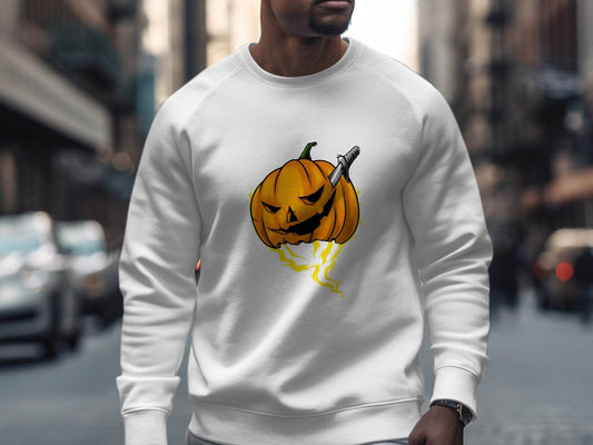 Halloween Pumpkin With Knife Illustration Design Sweater - Design & Vybe