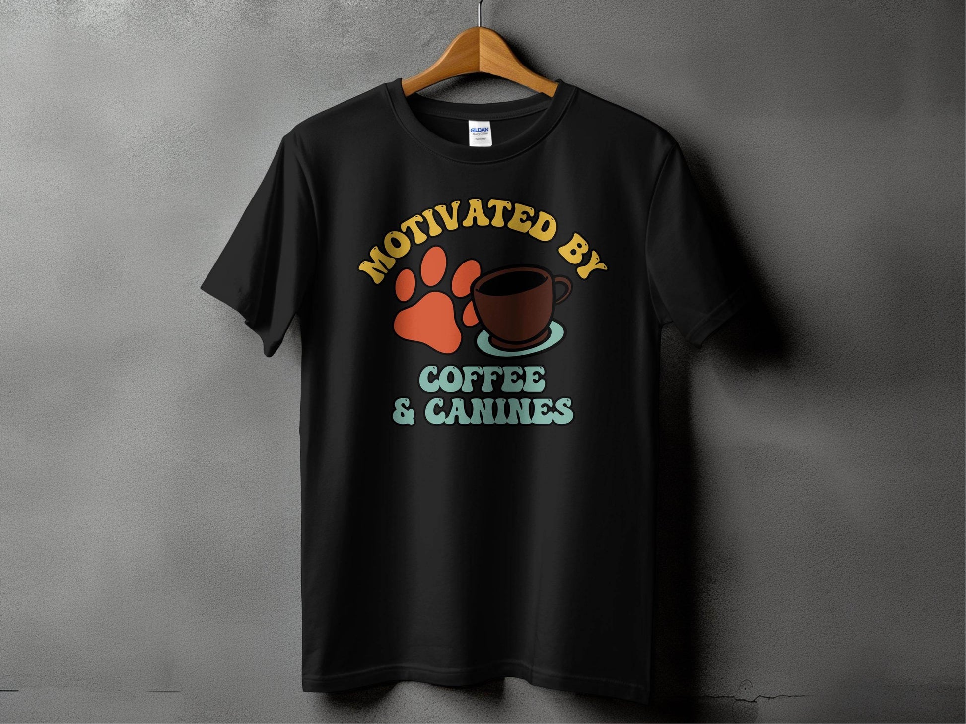Motivated By Coffee Canines Graphic Art Novelty T-Shirt - Design & Vybe