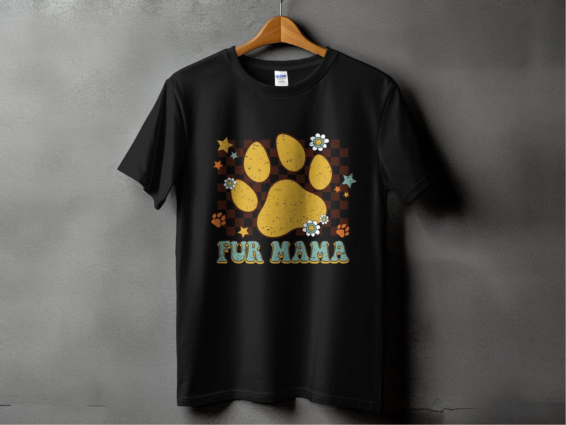 Fur Mama Paw Print Stars Flowers Checkered Pattern T-Shirt - Design & Vybe