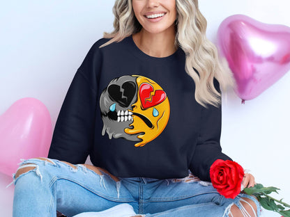 Dual Emotions Skull And Hearts Smiley Graphic Sweater - Design & Vybe