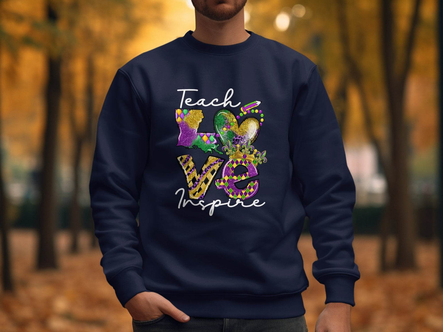 Teach Love Inspire Louisiana Heart Crown Mardi Gras Sweater - Design & Vybe
