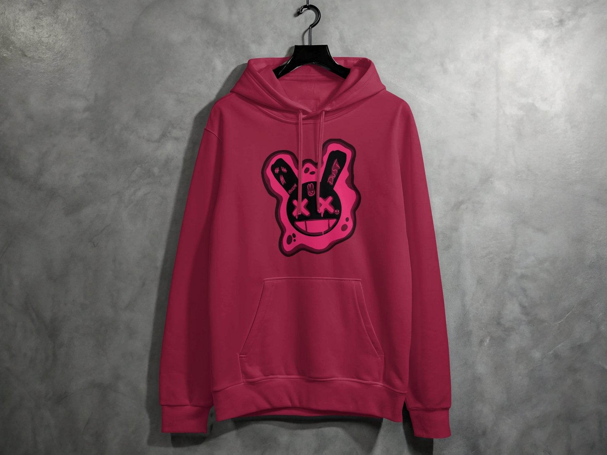 Unique Red Pink Dripping Rabbit Bunny Dead Smiley Face Graphic Hoodie - Design & Vybe