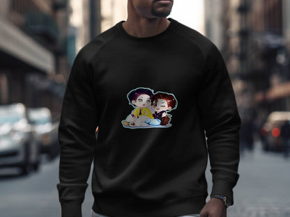 Two Boys Cute Cartoon Sitting Together Art On Sweater - Design & Vybe