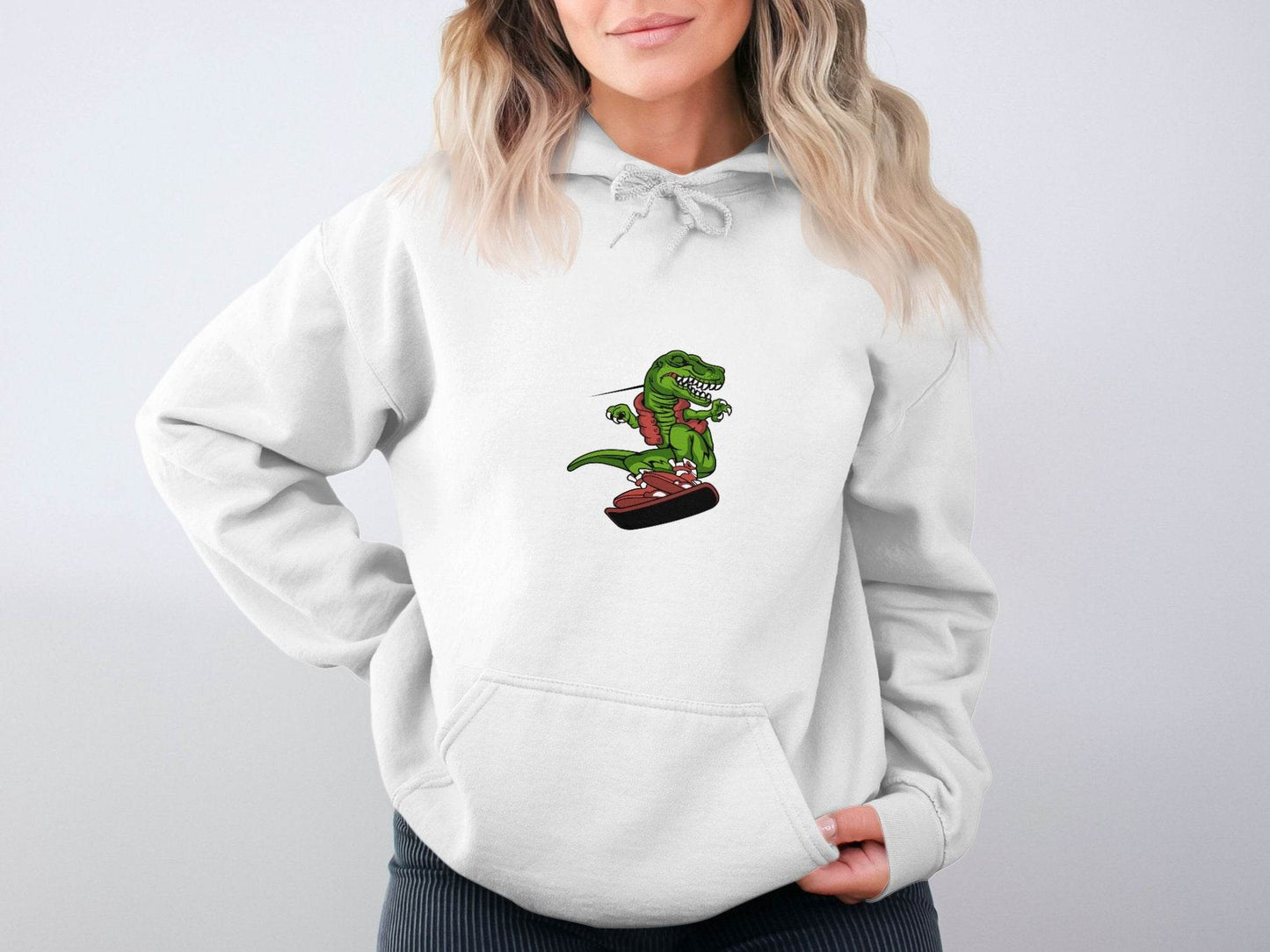 Dinosaur On a Snowboard Cartoon Graphic Style Hoodie - Design & Vybe