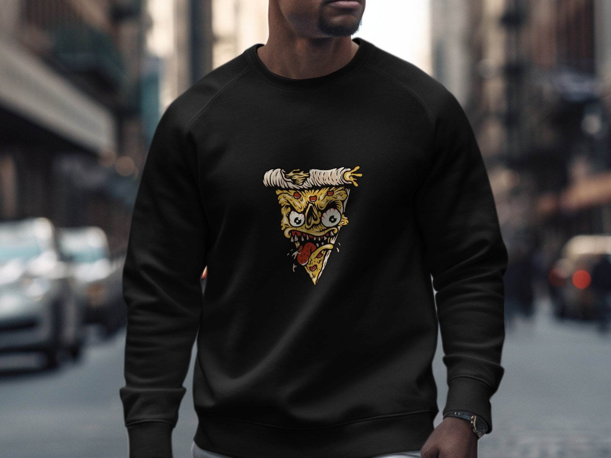 Creepy Pizza Slice with Evil Face Graphic Print Sweater - Design & Vybe