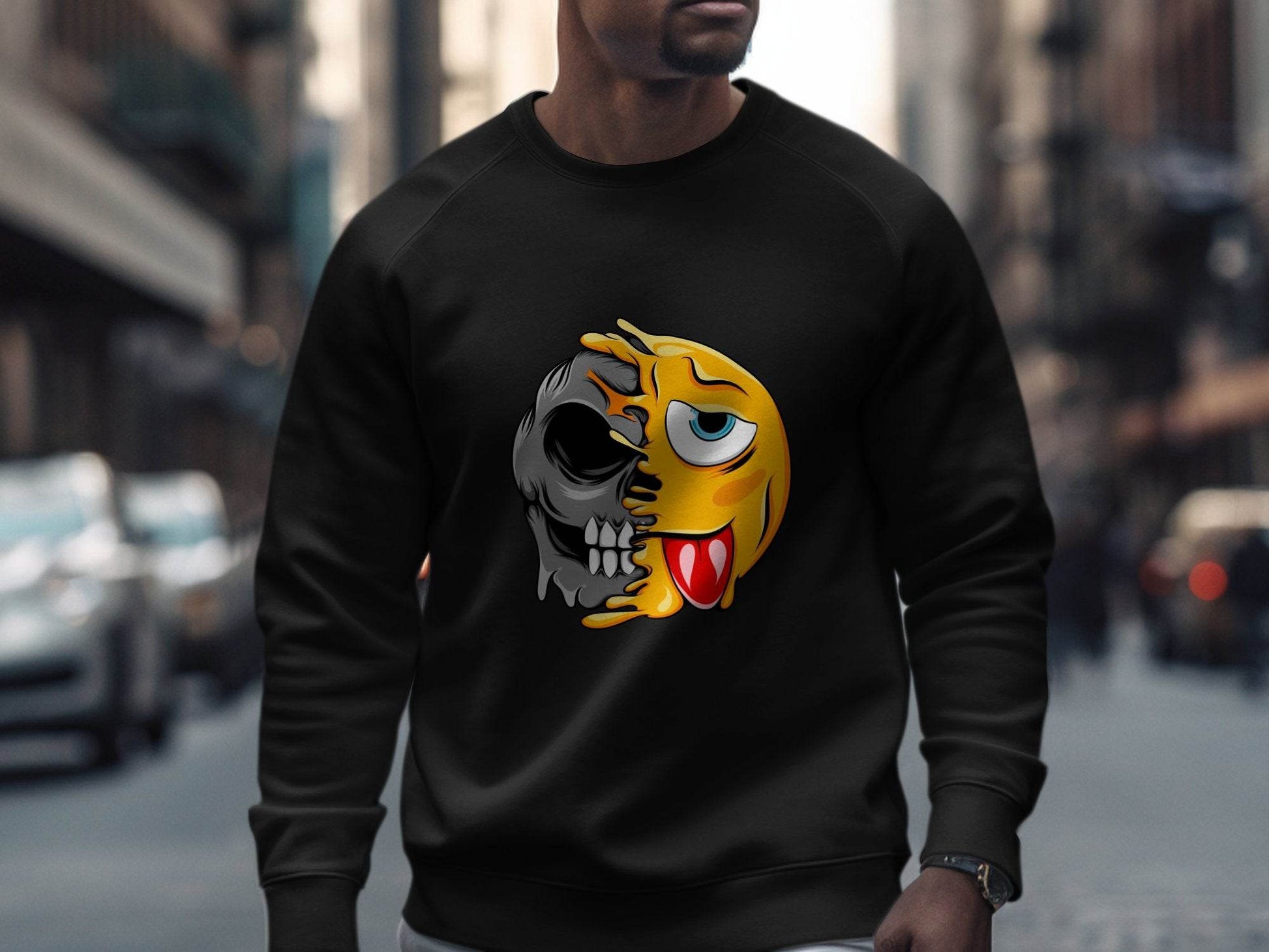 Edgy Skull and Funny Face Duality Creative Smiley Sweater - Design & Vybe