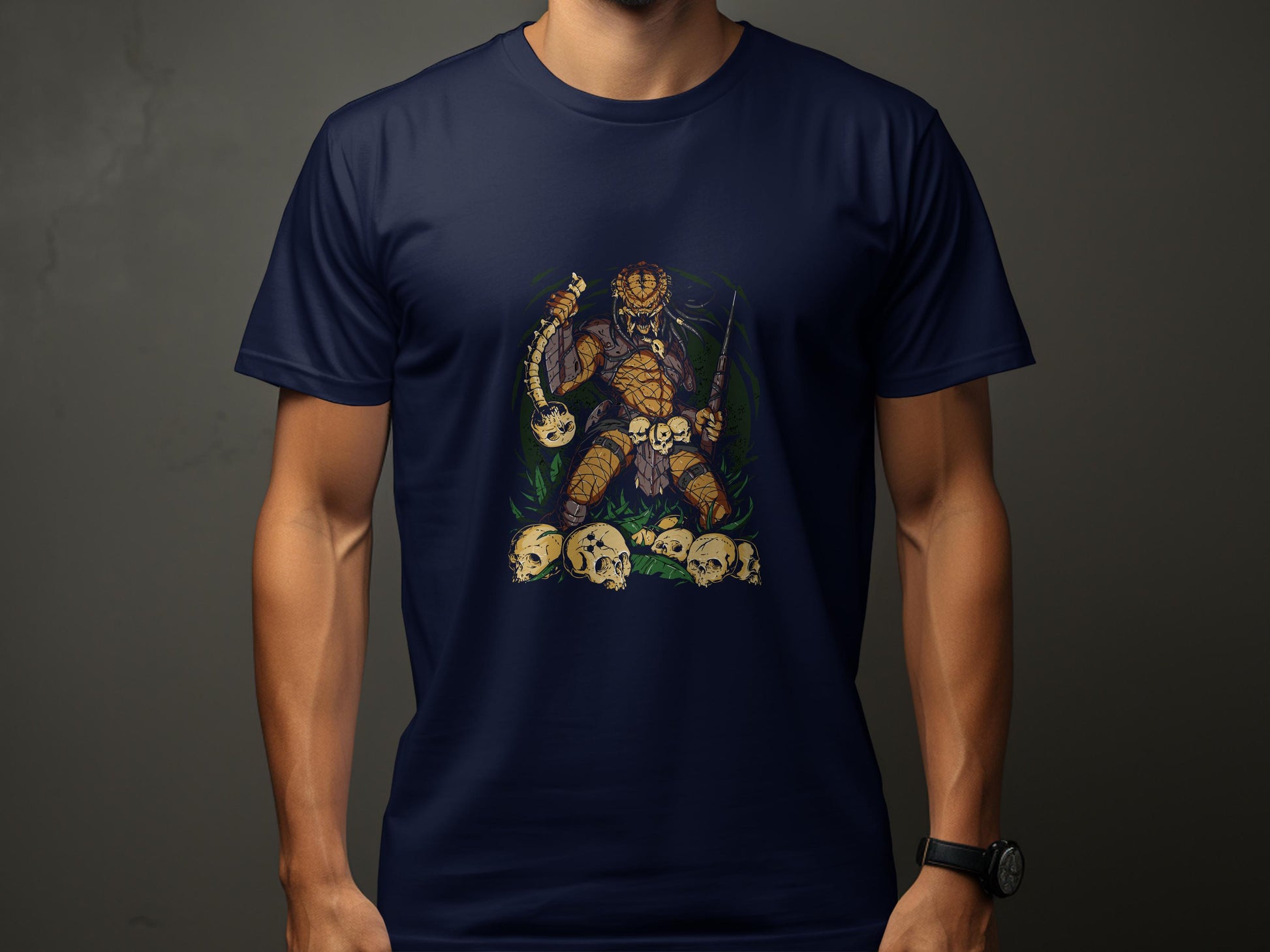 Fierce Warrior Holding Skulls Artwork Graphic Tee product type