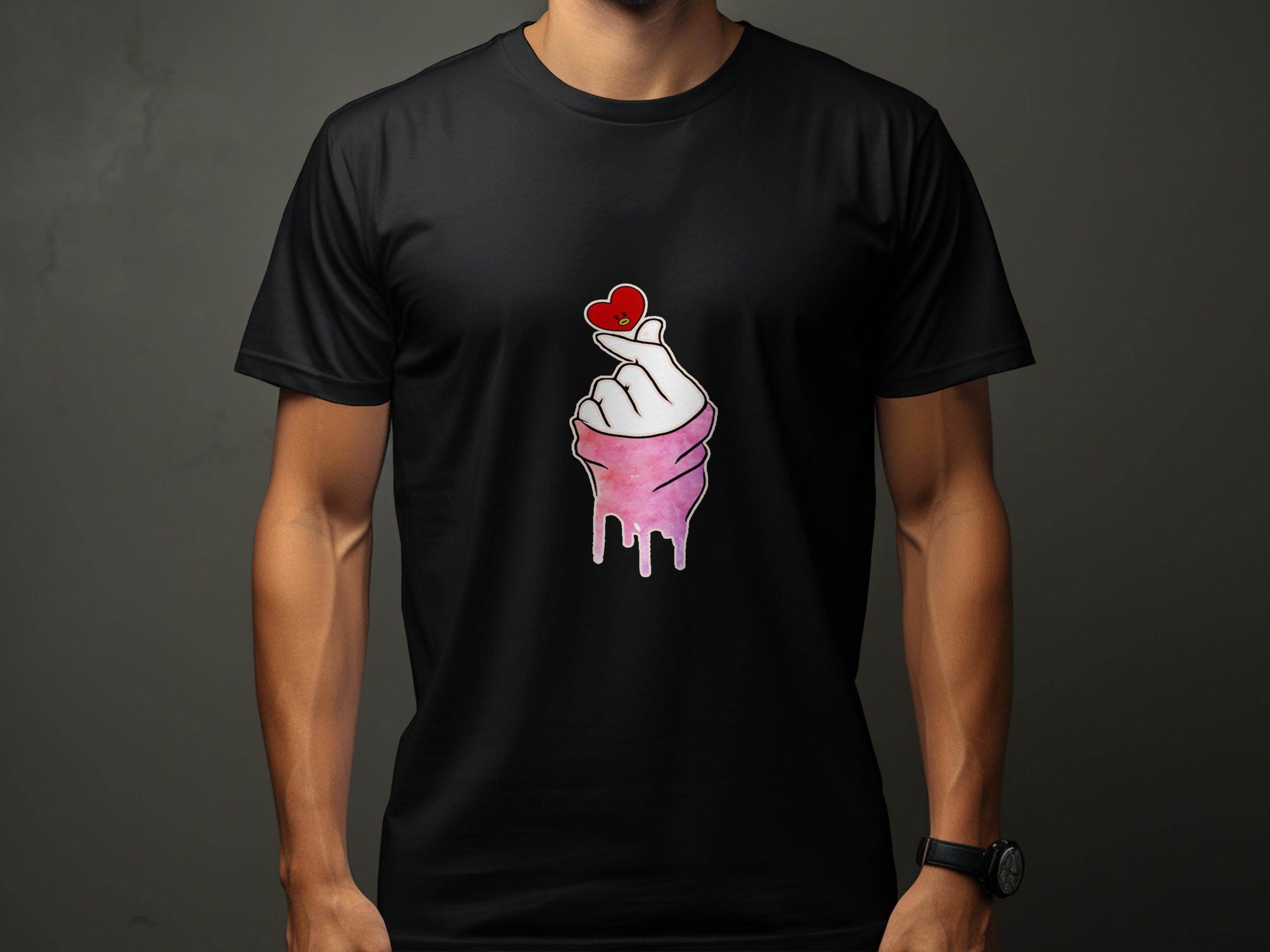 Finger Heart with a Red Heart Cartoon Drawing T-Shirt - Design & Vybe
