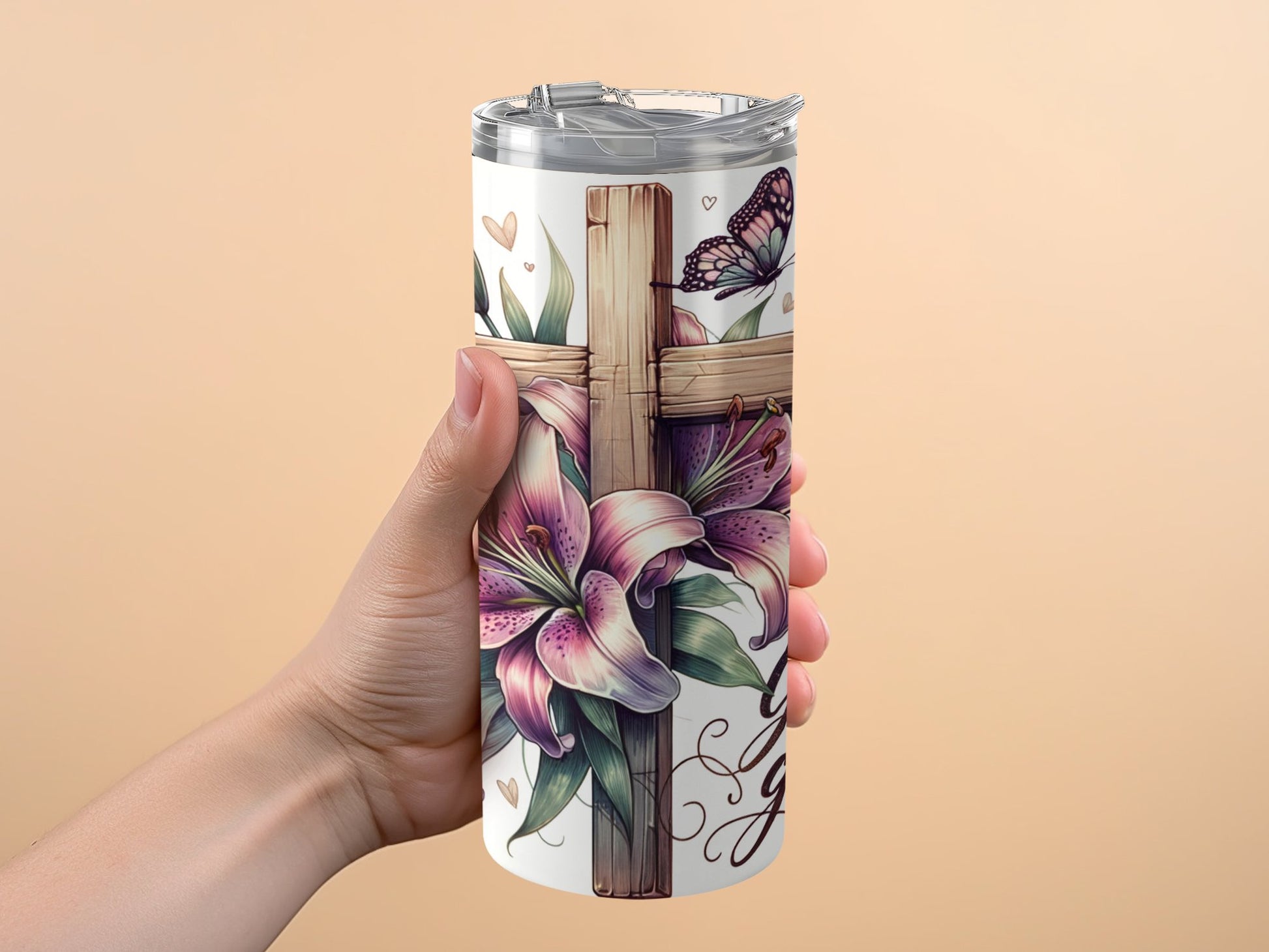 Inspirational Cross and Flowers Design Tumbler product type