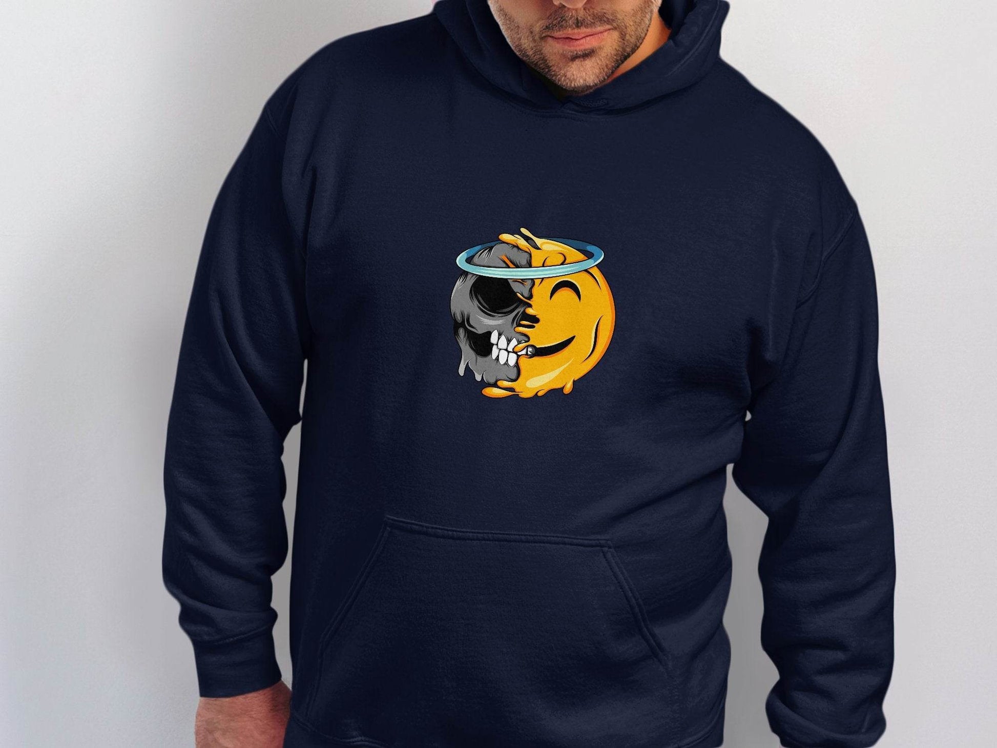 Skull Meets Emoji with a Halo Graphic Novelty Hoodie - Design & Vybe