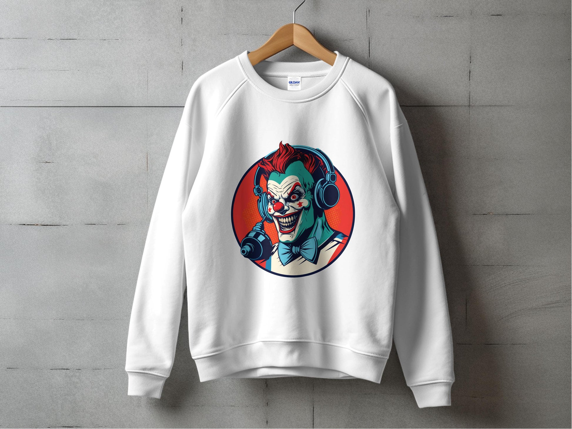 Scary Clown with Headphones Print on White Sweatshirt product