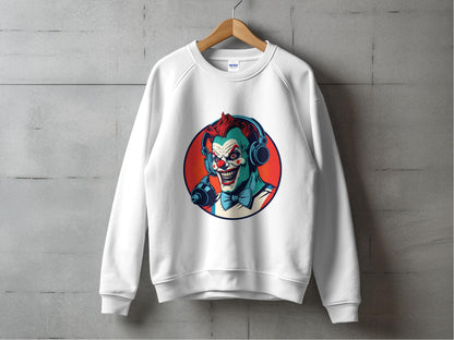 Scary Clown with Headphones Print on White Sweatshirt product