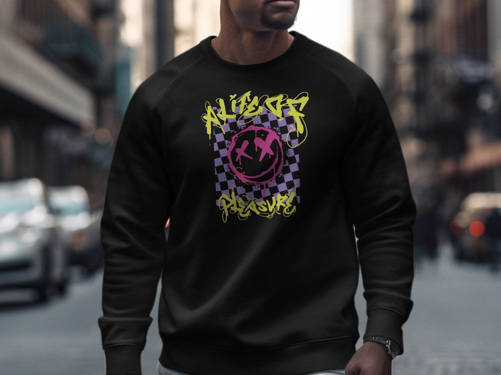 Grunge Smiley Checkered Dead Smile Graphic with Graffiti Sweater - Design & Vybe