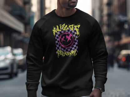 Grunge Smiley Checkered Dead Smile Graphic with Graffiti Sweater - Design & Vybe