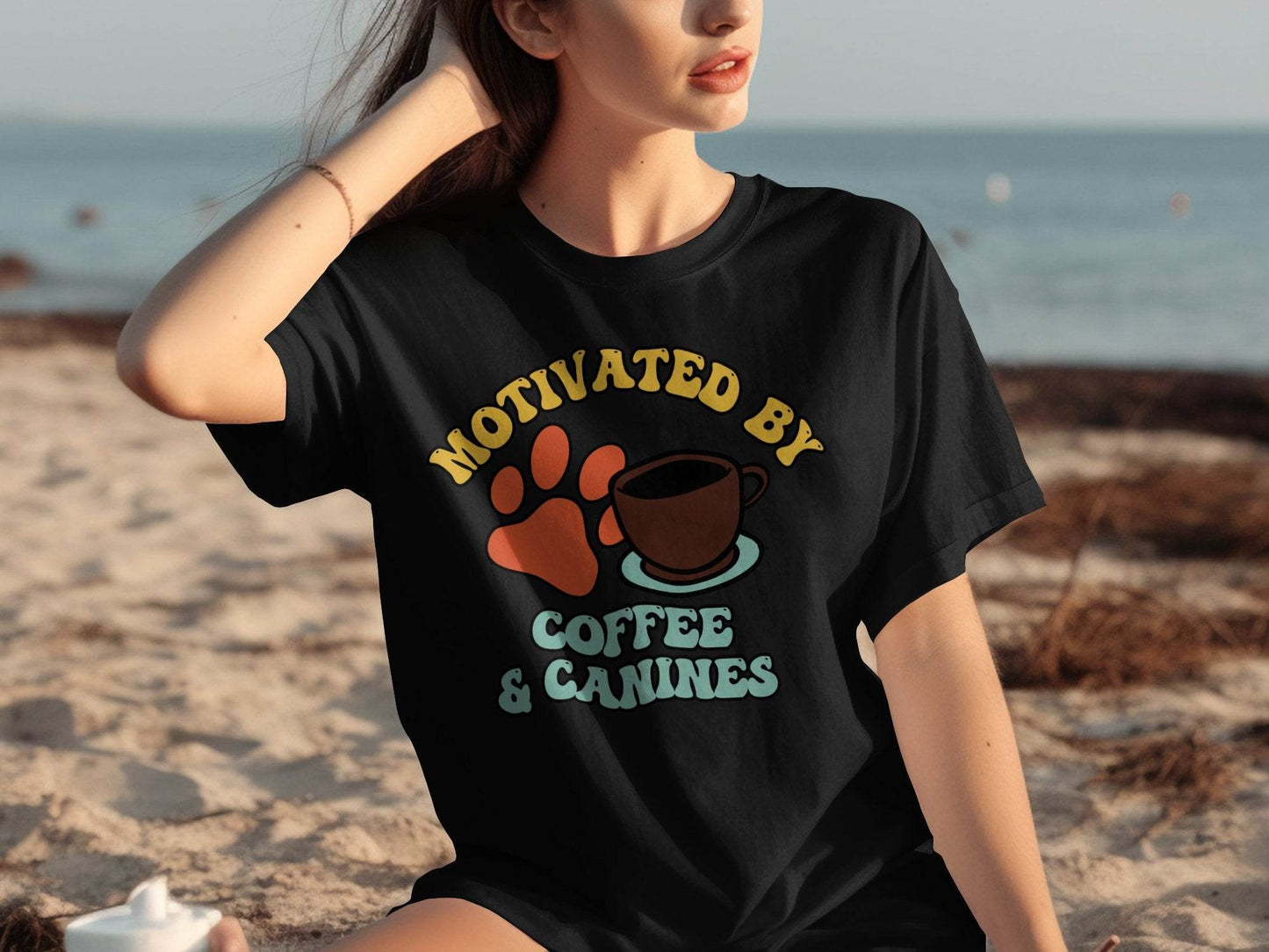 Motivated By Coffee Canines Graphic Art Novelty T-Shirt - Design & Vybe