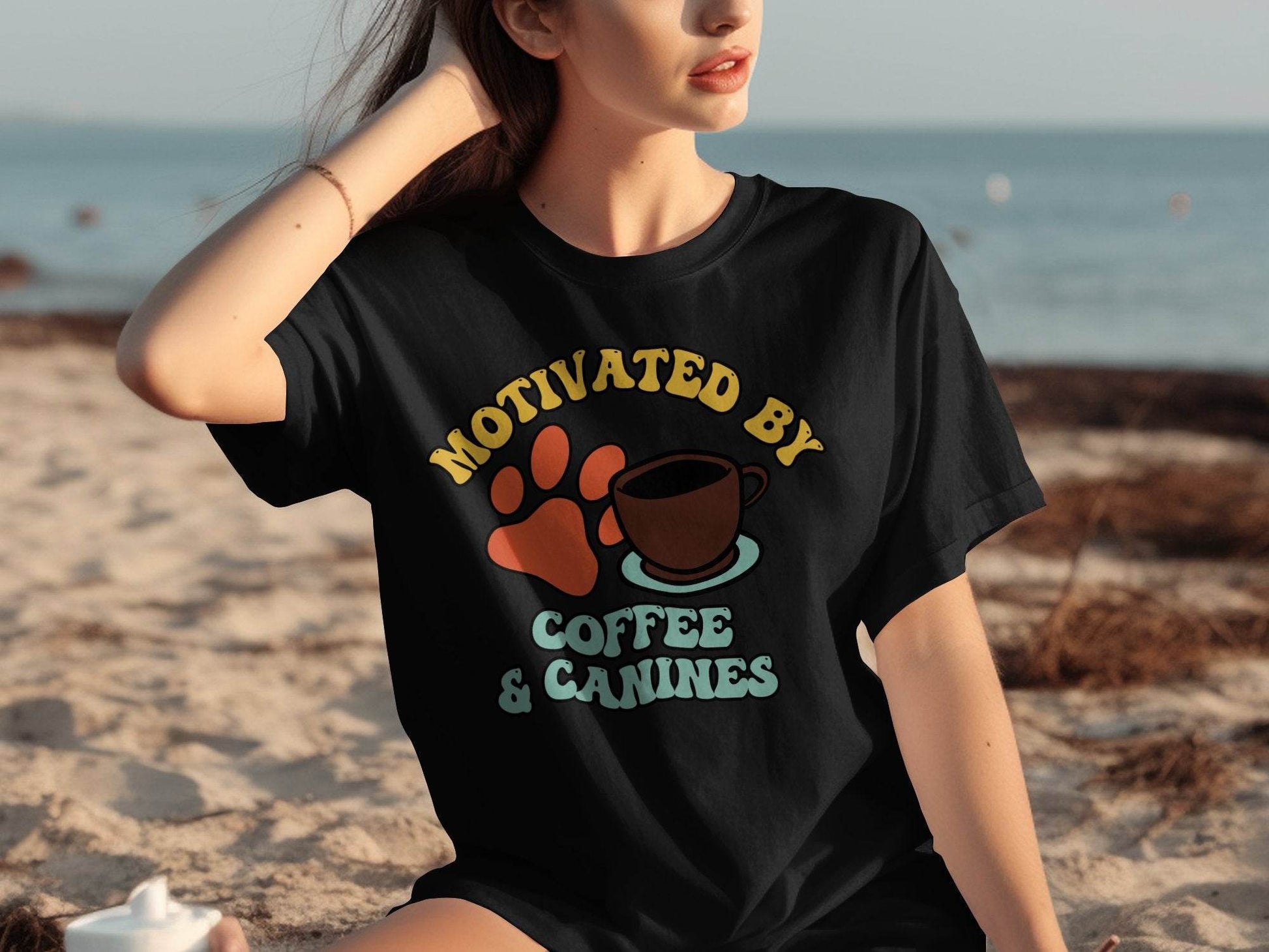 Motivated By Coffee Canines Graphic Art Novelty T-Shirt - Design & Vybe