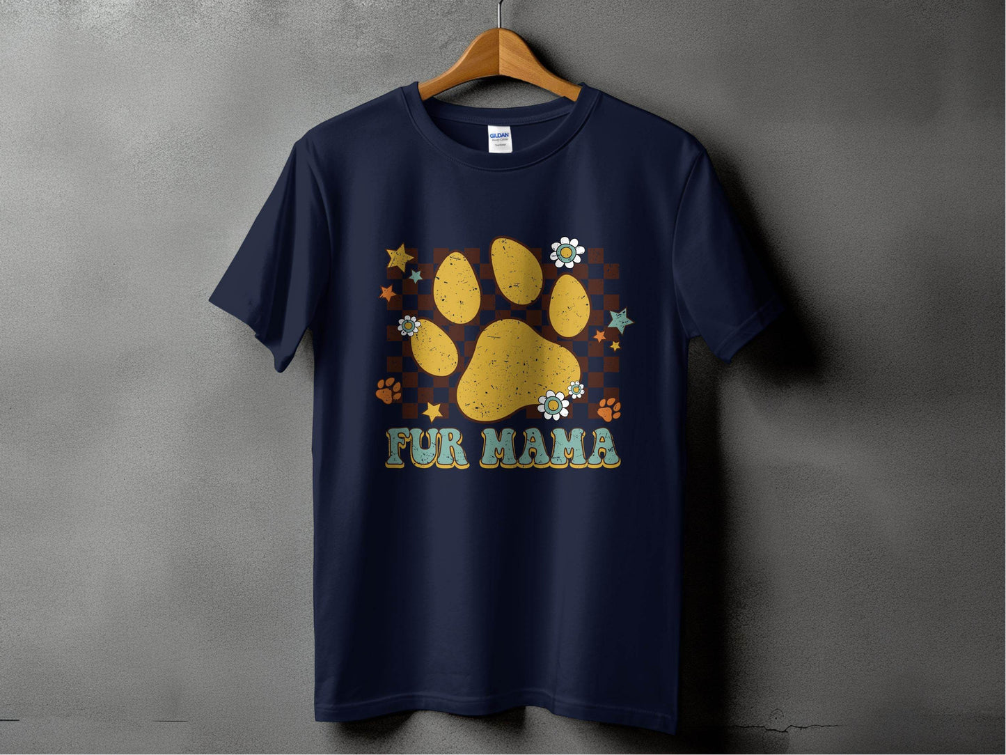 Fur Mama Paw Print Stars Flowers Checkered Pattern T-Shirt - Design & Vybe