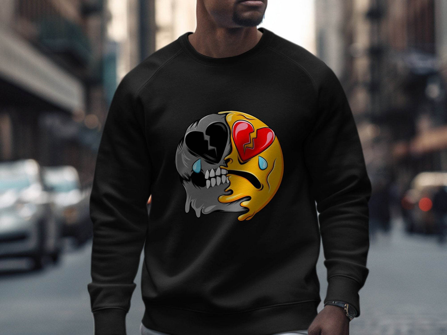 Dual Emotions Skull And Hearts Smiley Graphic Sweater - Design & Vybe