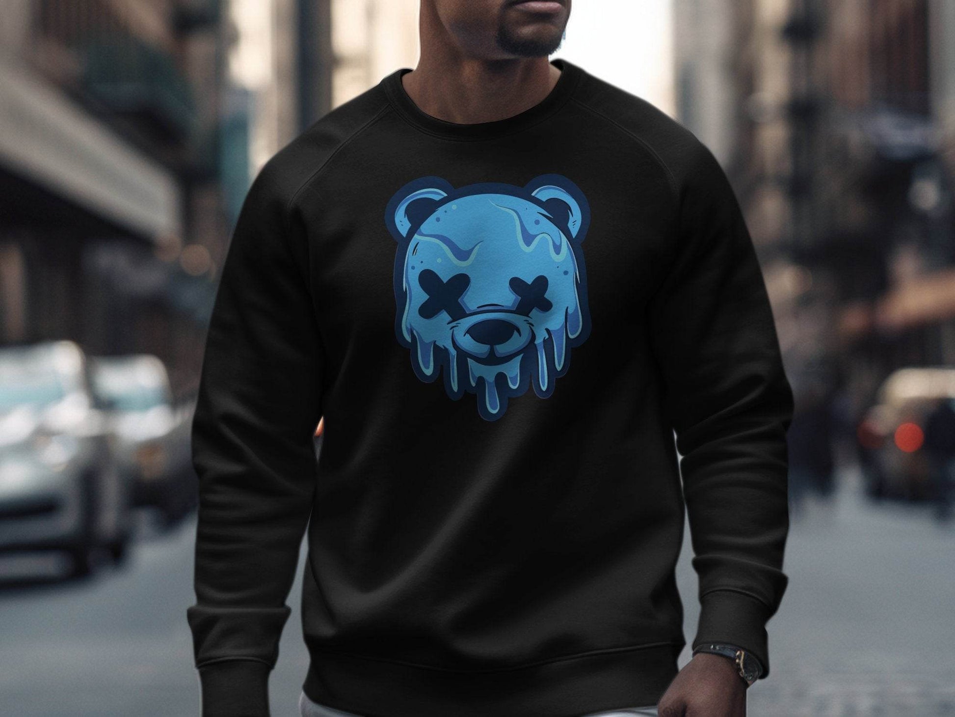 Cool Blue Graffiti Melting Dead Mad Bear Graphic Sweater - Design & Vybe