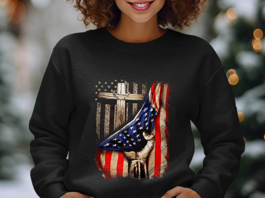 American Flag Plus Cross Held in Hand Design Sweater - Design & Vybe