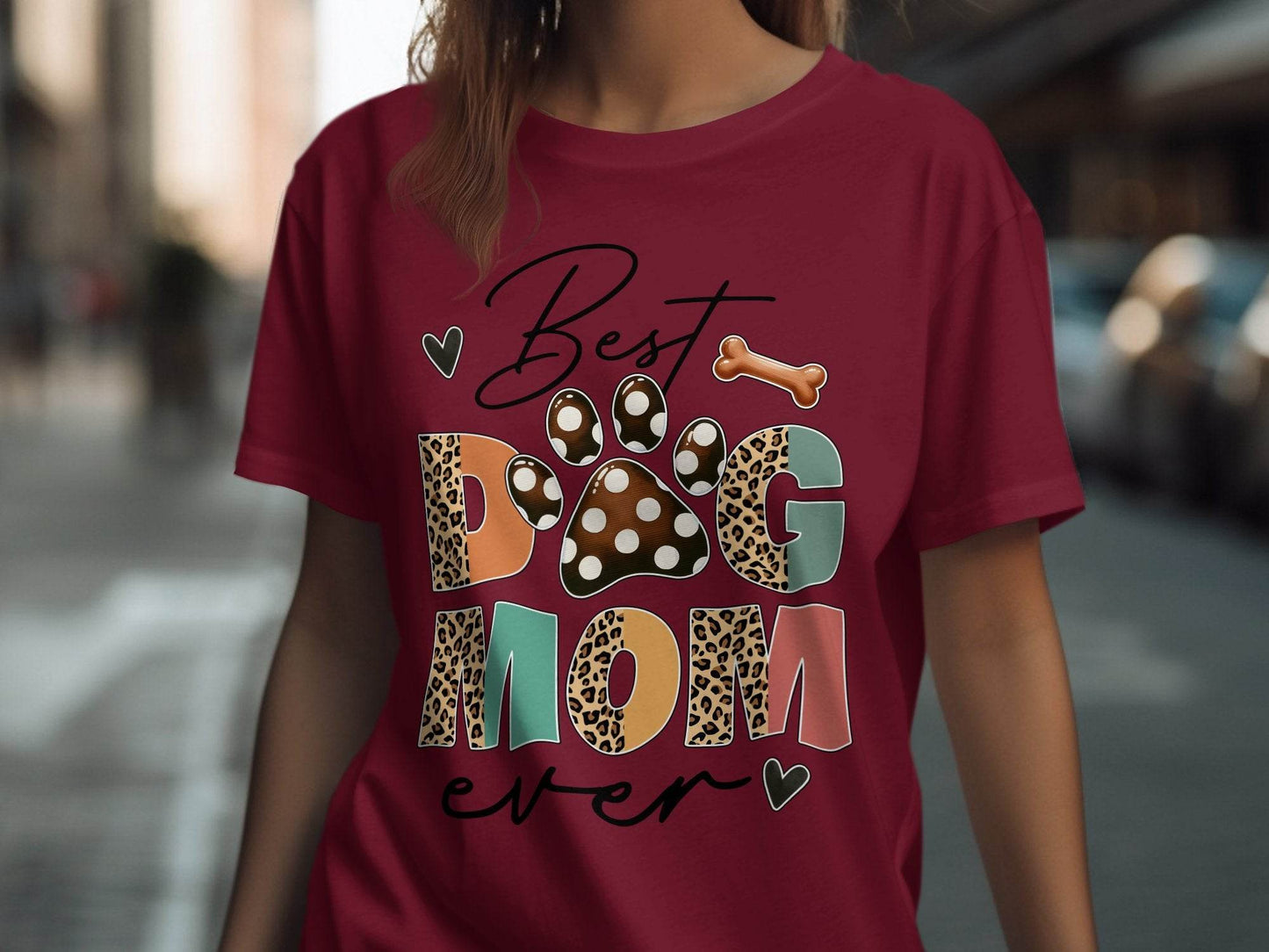 Best Dog Mom Ever Animal Print Heart Bone Graphic T-Shirt - Design & Vybe