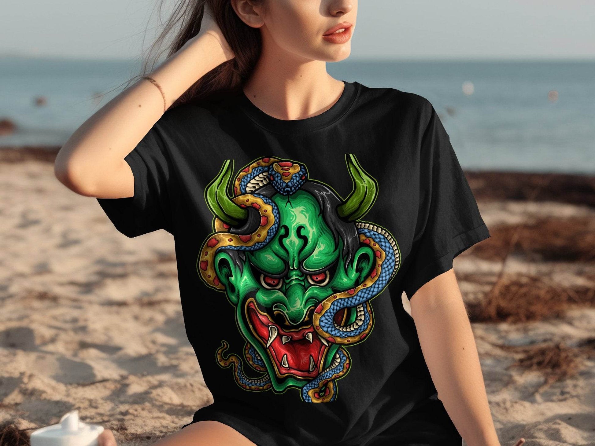 Bizarre Demon Face with Snake Design Horror T-Shirt - Design & Vybe