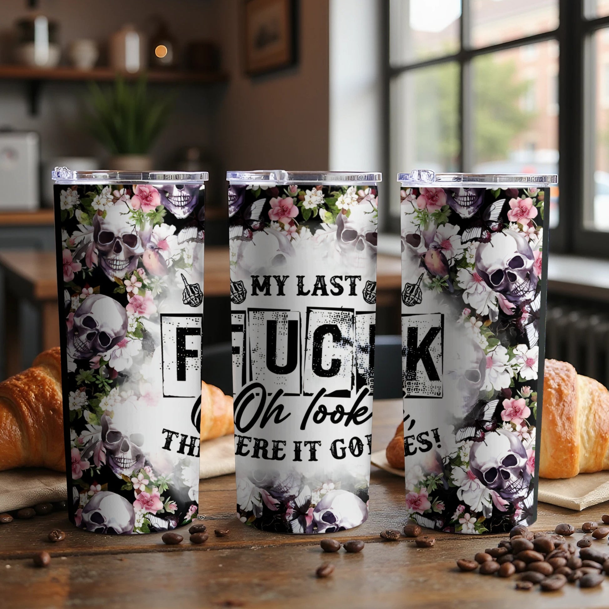 Humorous Skull and Floral Design Tumbler Product