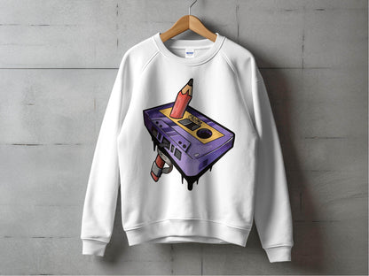 Cool Retro Pencil and Cassette Design Graphic Sweater - Design & Vybe