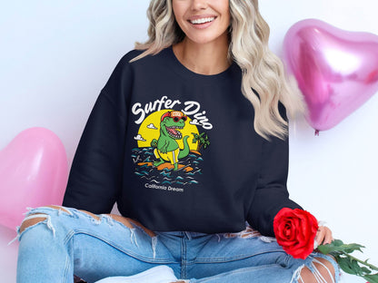 Cool Dinosaur Surfing Printed Stylish Sweater - Design & Vybe