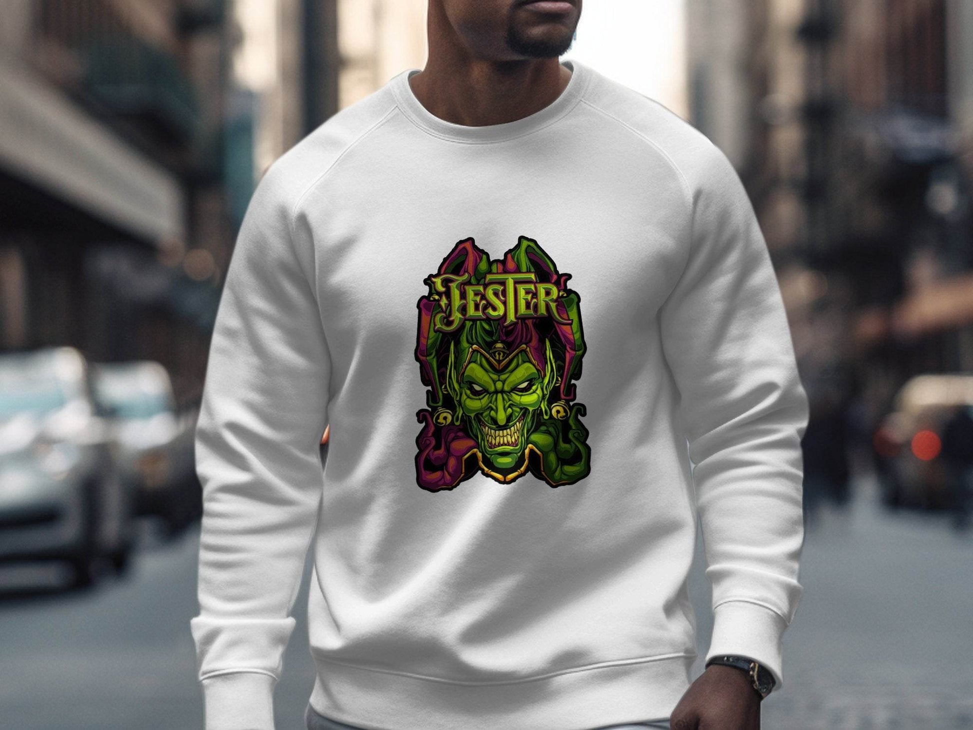 Wicked Jester Graphic Green Purple Gold Artwork Sweater - Design & Vybe