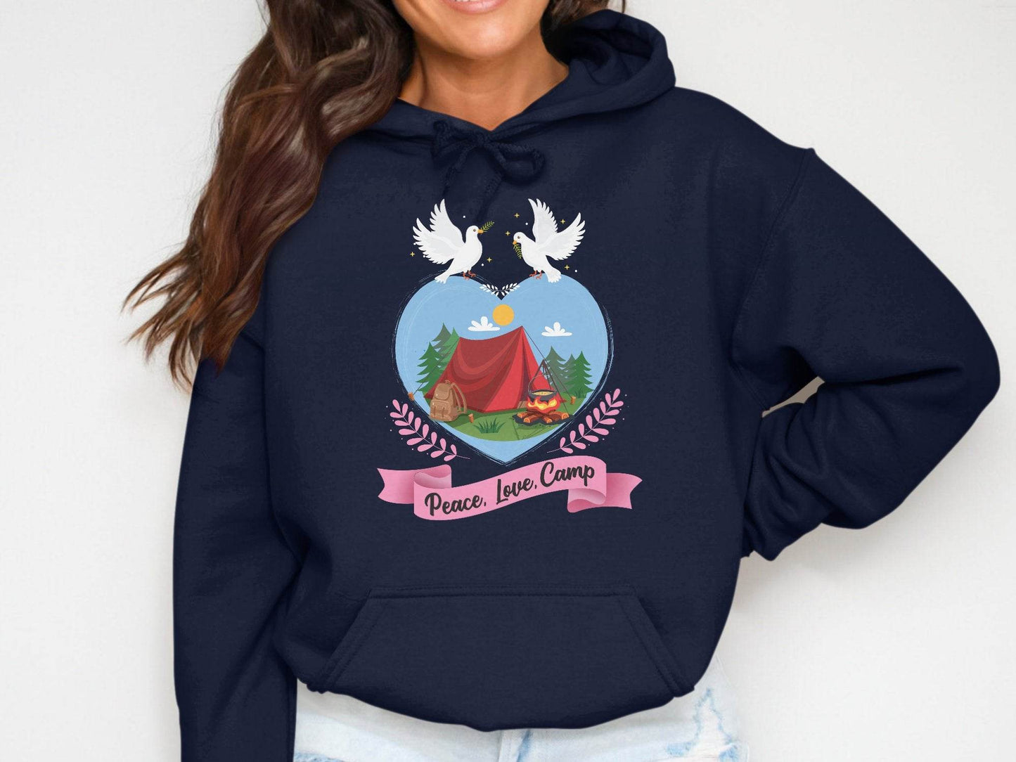 Peace Love Camp Heart and Tent Design Pigeon Art Hoodie - Design & Vybe