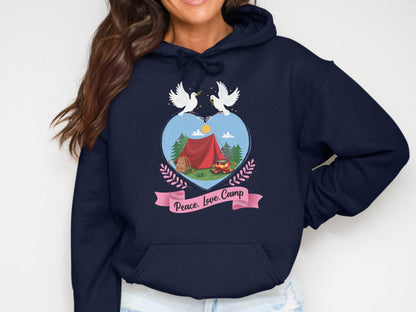 Peace Love Camp Heart and Tent Design Pigeon Art Hoodie - Design & Vybe