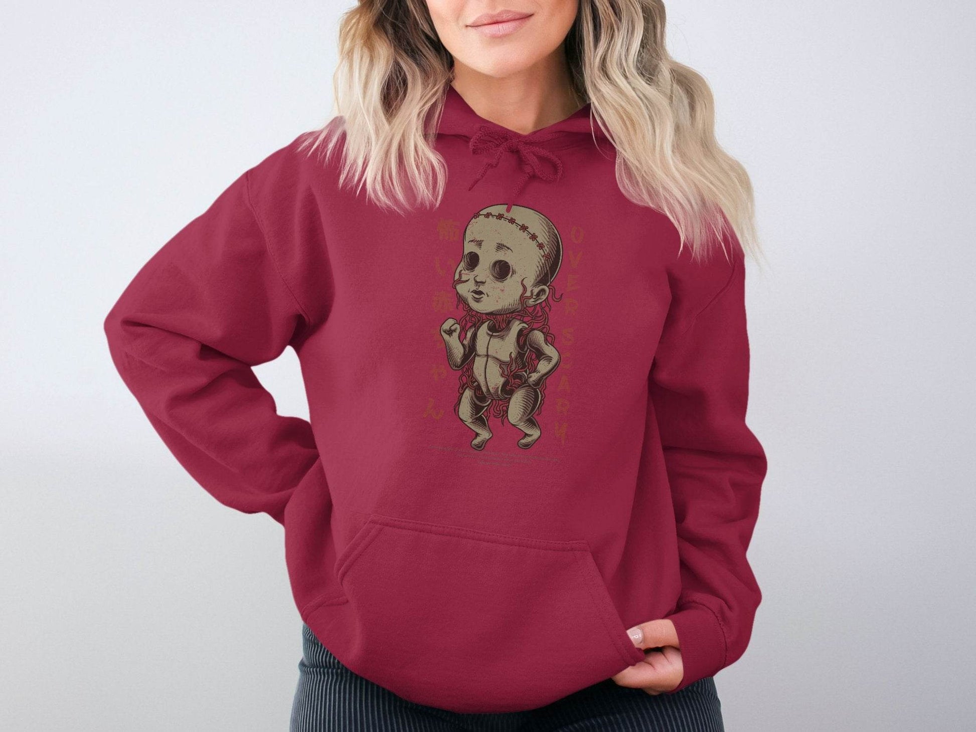 Scary Doll with Japanese Text Design Trendy Over Scary Hoodie - Design & Vybe