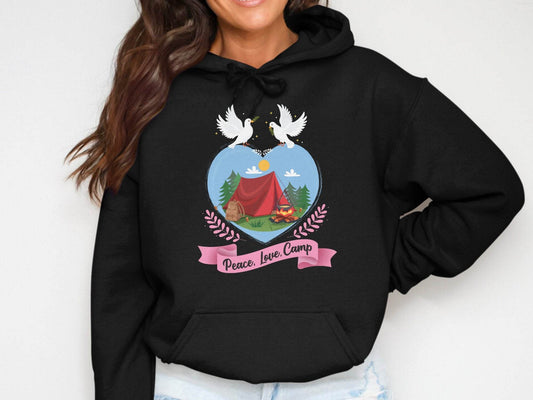 Peace Love Camp Heart and Tent Design Pigeon Art Hoodie - Design & Vybe