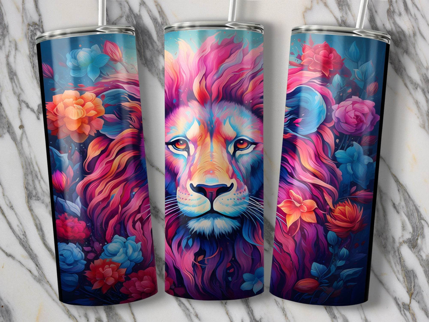 Colorful Lion Among Flowers Design Modern Art Tumbler - Design & Vybe