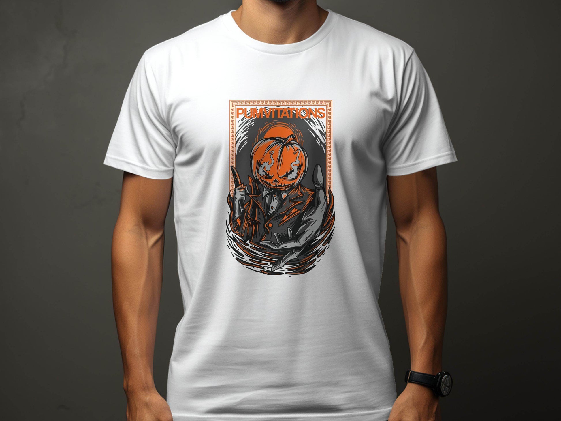 Pumvitations Design for Halloween Pumpkin Man T-Shirt - Design & Vybe