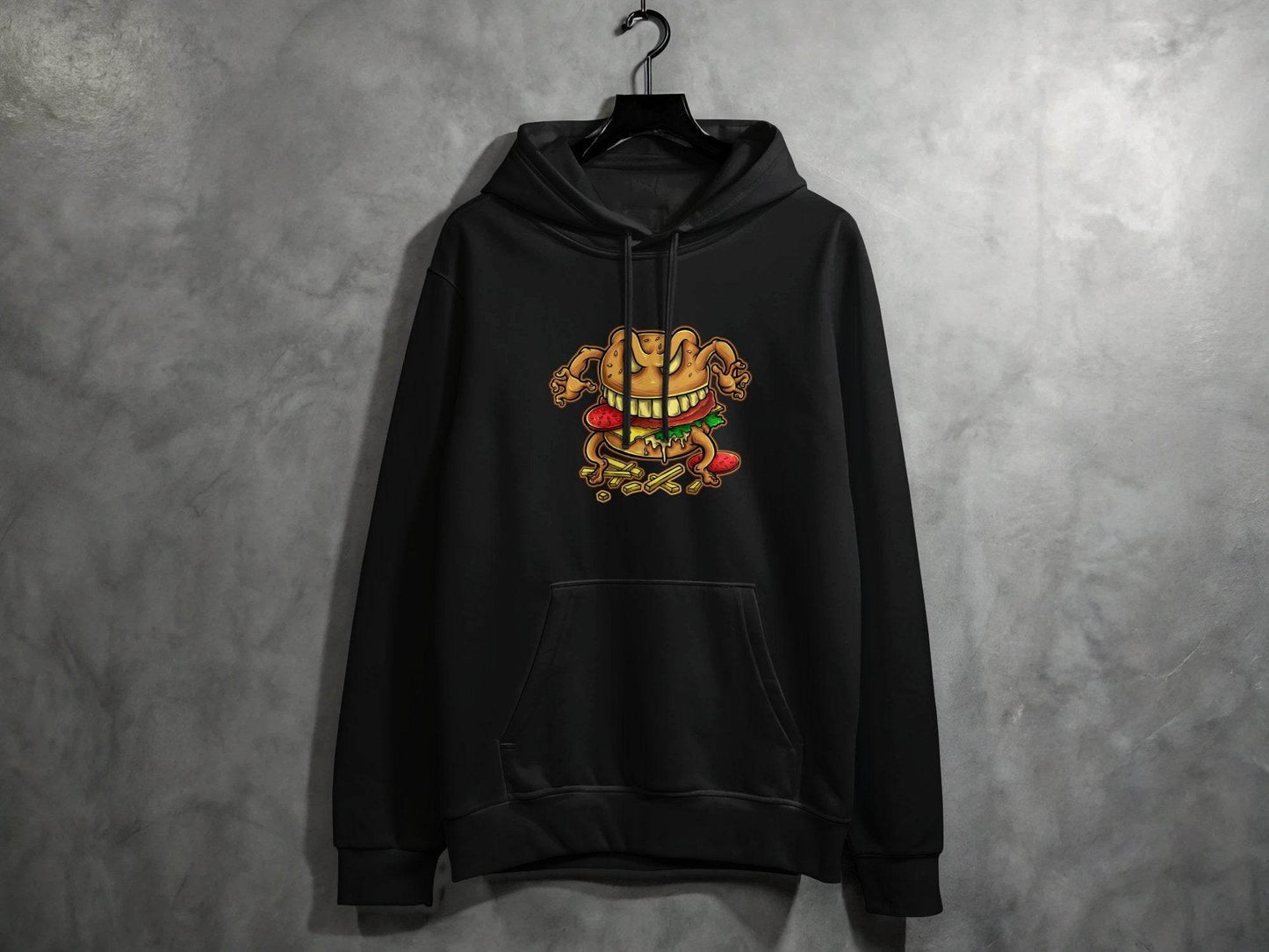 Quirky Cartoon Monster Cheeseburger Graphic Hoodie - Design & Vybe