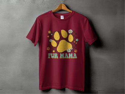 Fur Mama Paw Print Stars Flowers Checkered Pattern T-Shirt - Design & Vybe