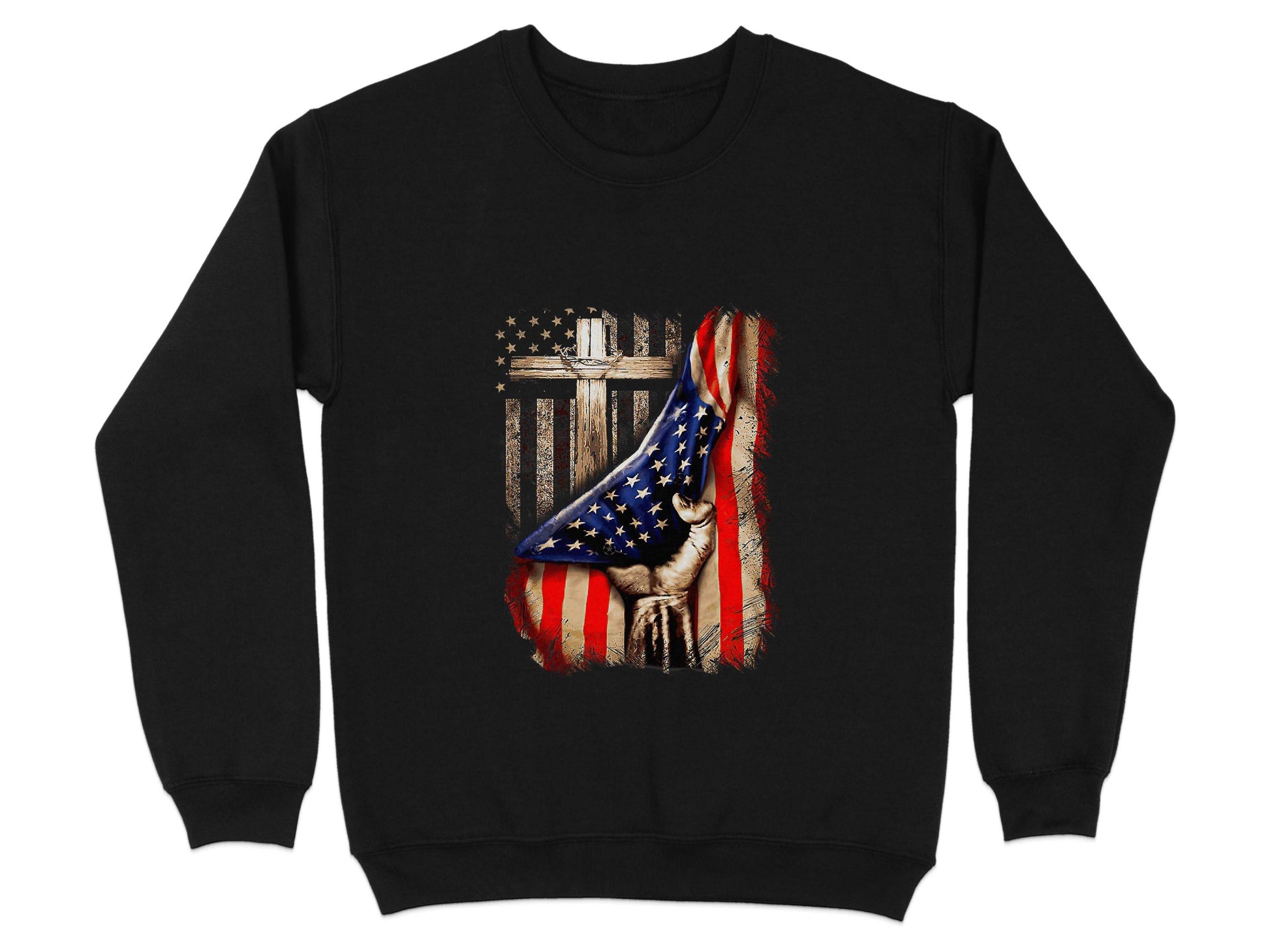 American Flag Plus Cross Held in Hand Design Sweater - Design & Vybe