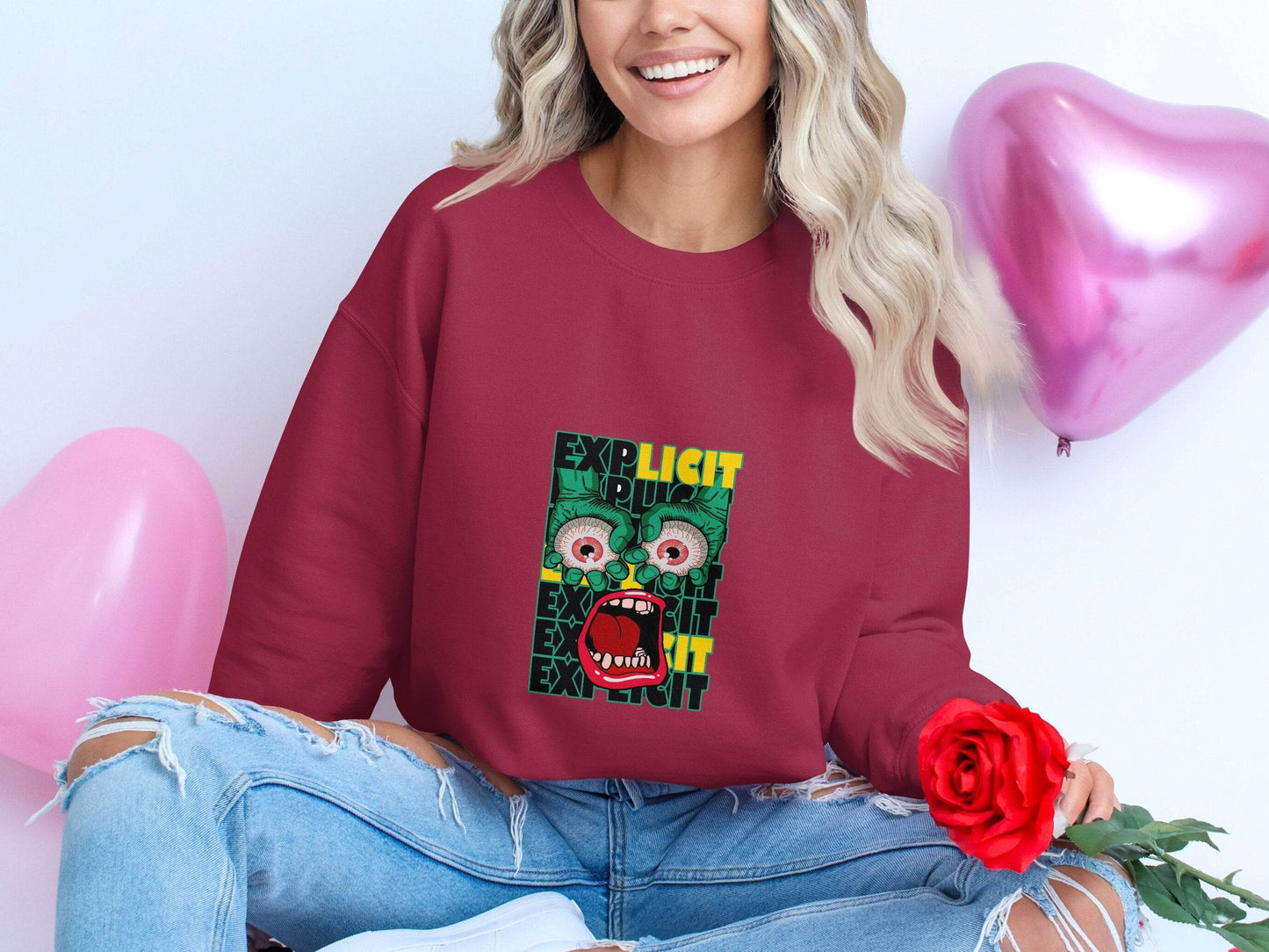 Explicit Graphic with Eyes and Mouth Design Sweater - Design & Vybe