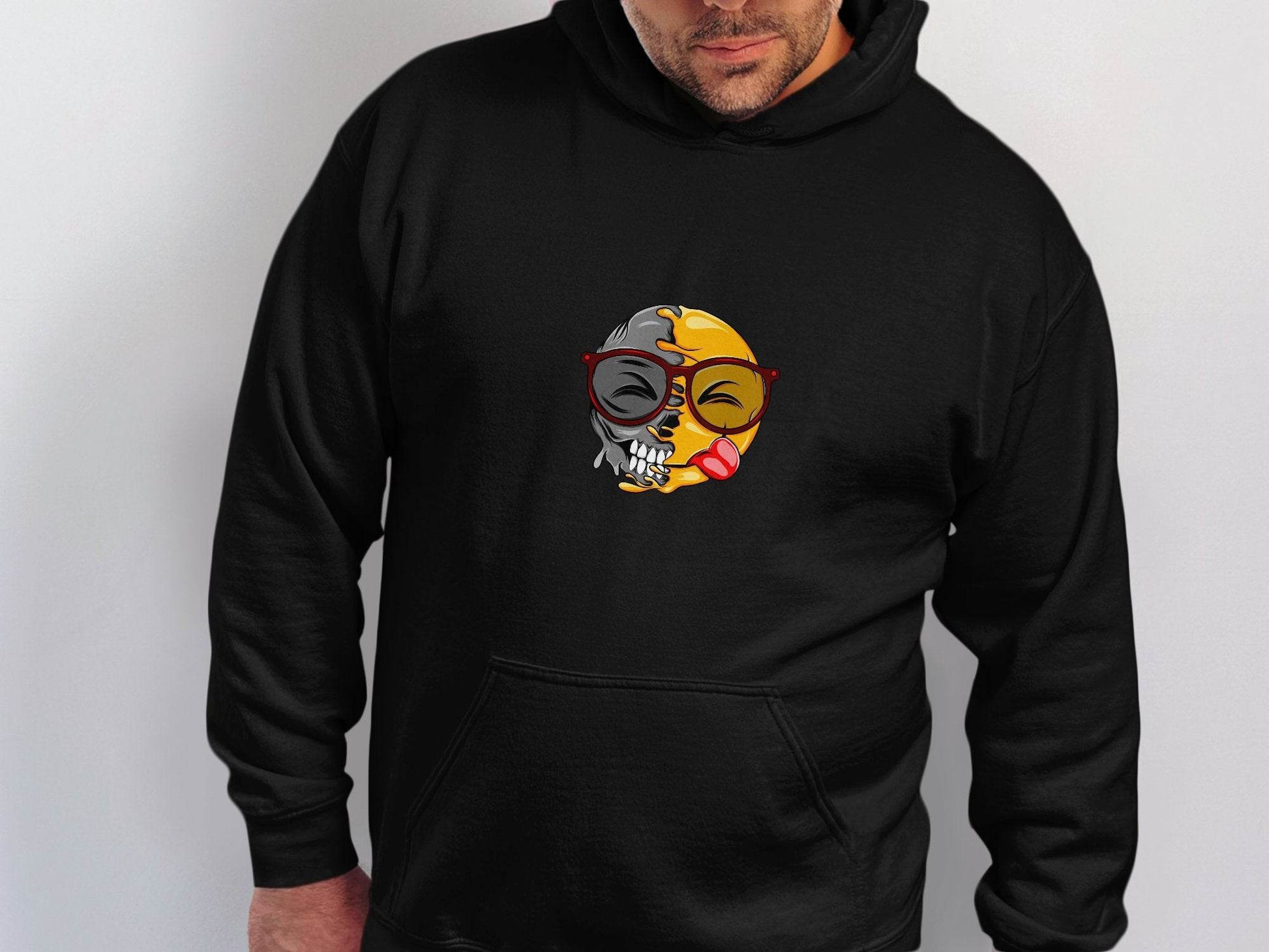 Creative Split Face Design with Bold Red Sunglasses Smiley Hoodie - Design & Vybe