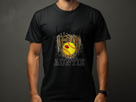 Softball Auntie with Hearts and Leopard Glove Design T-Shirt - Design & Vybe