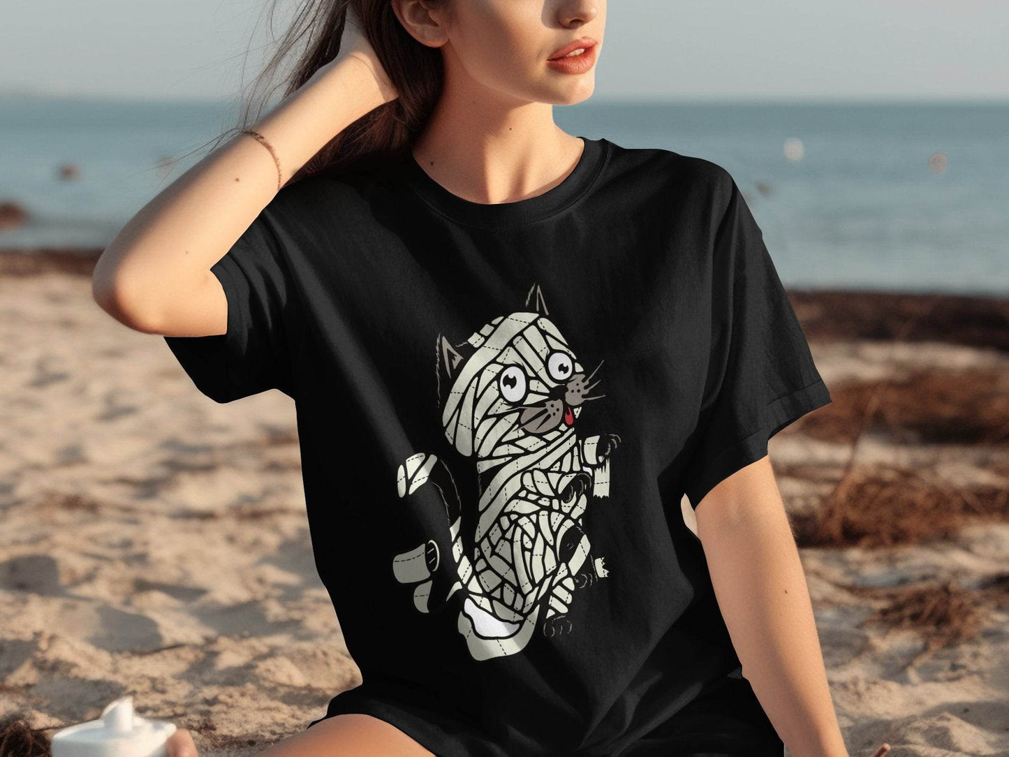 Halloween Mummy Cat Wrapped Up In Bandages Funny T-Shirt - Design & Vybe