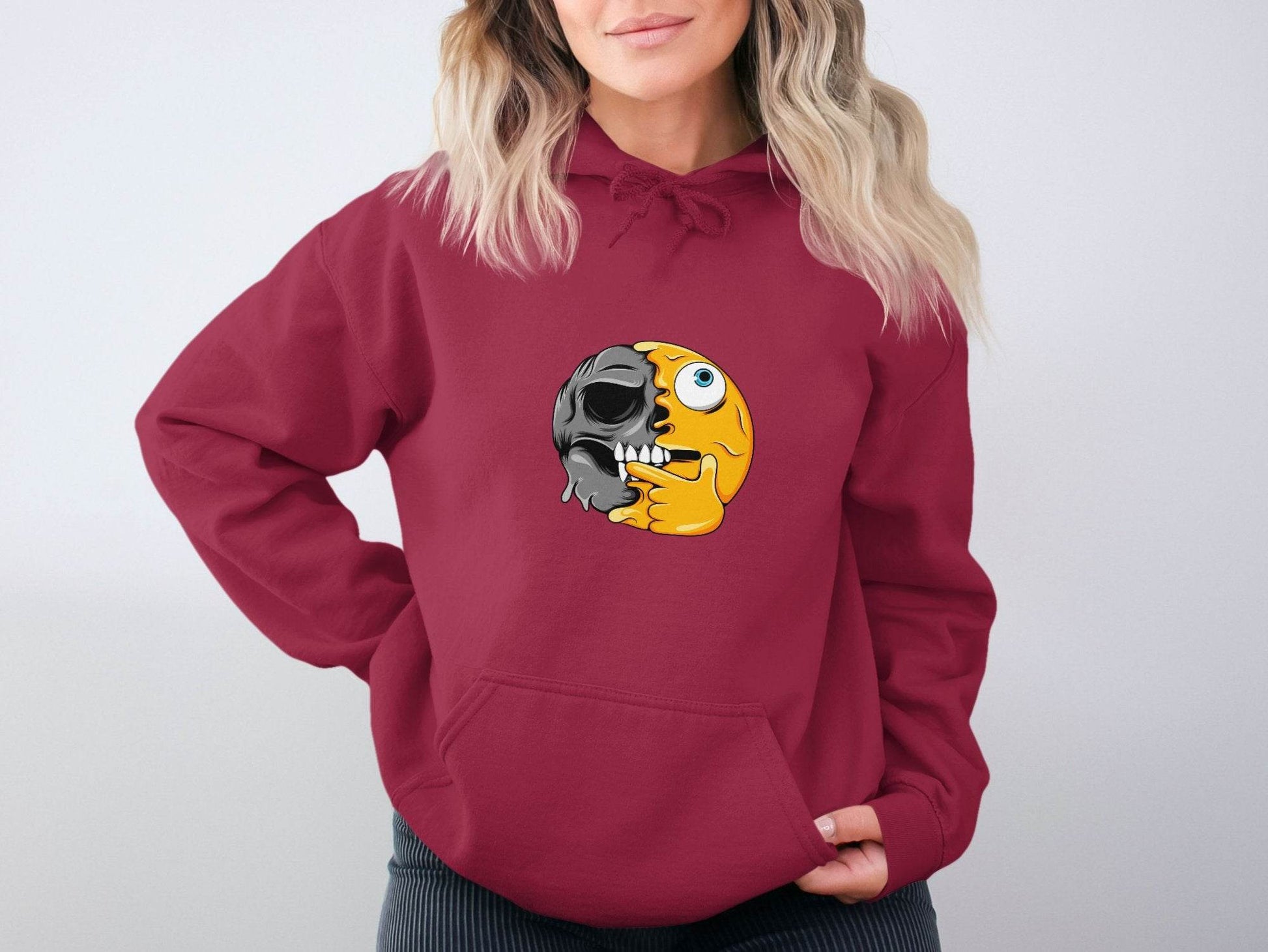 Emoji Skull Half and Half Funny Face Art Hoodie - Design & Vybe
