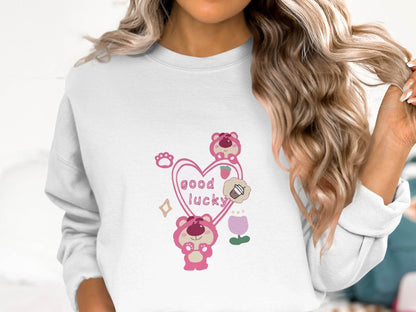 Cute Pink Bear With Good Lucky Heart Design Sweater - Design & Vybe