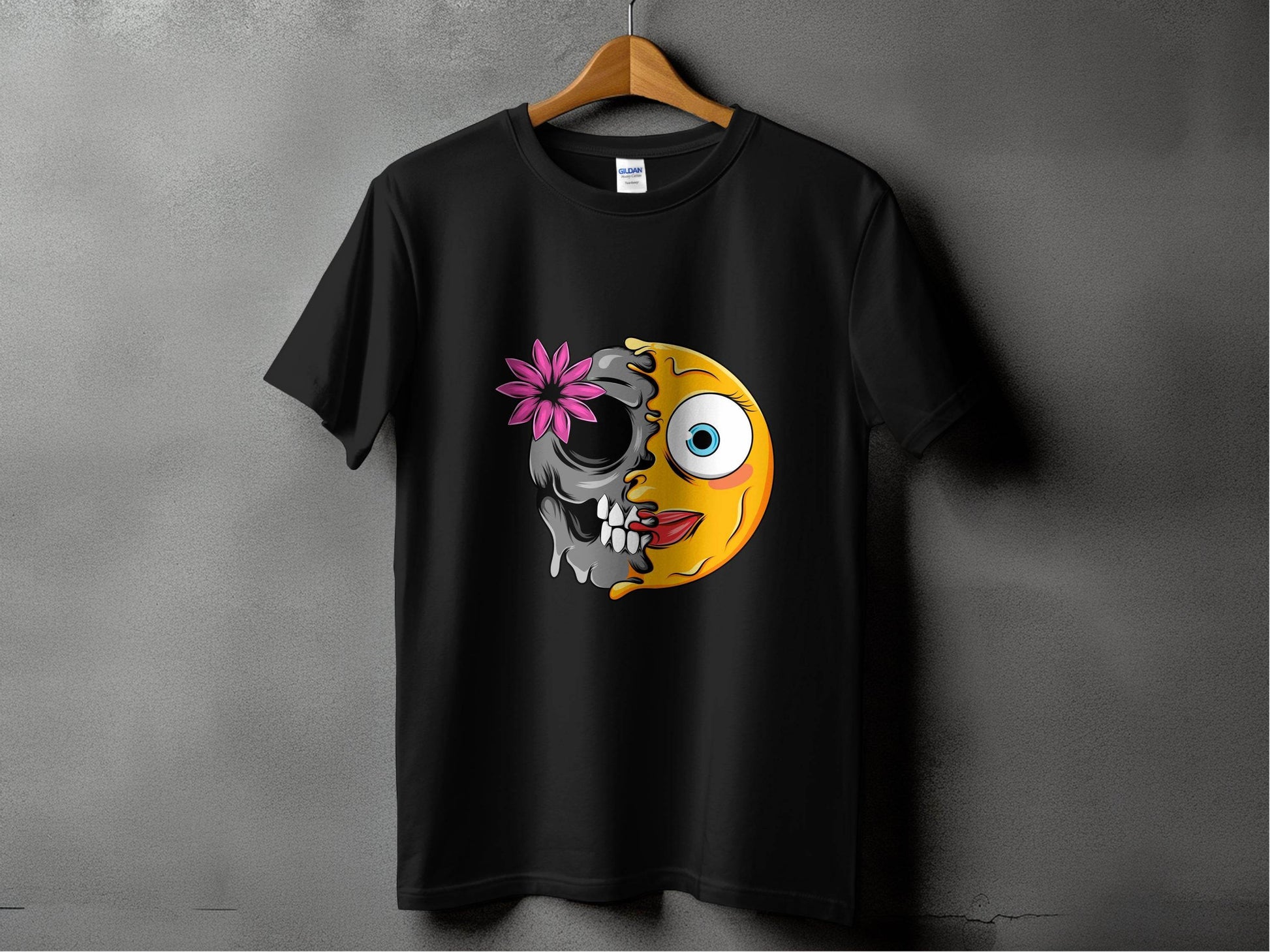 Half Skull and Happy Face Smiley Design T-Shirt - Design & Vybe