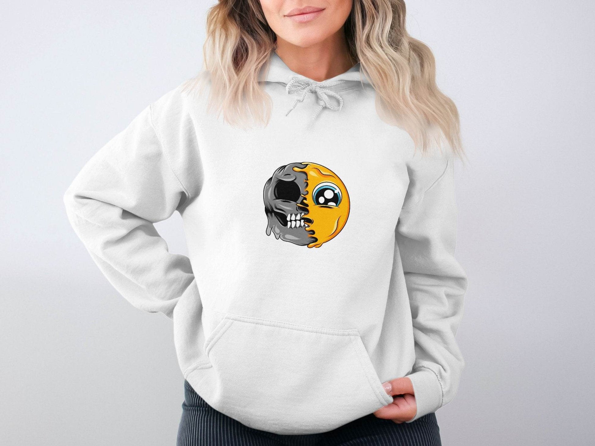 Emoji Meets Skull Fusion Unique Graphic Print Hoodie - Design & Vybe
